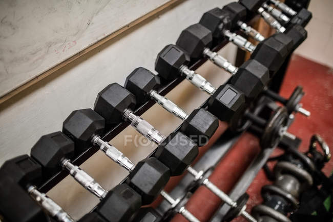 Close-up de halteres arranjados no estúdio de fitness — Fotografia de Stock