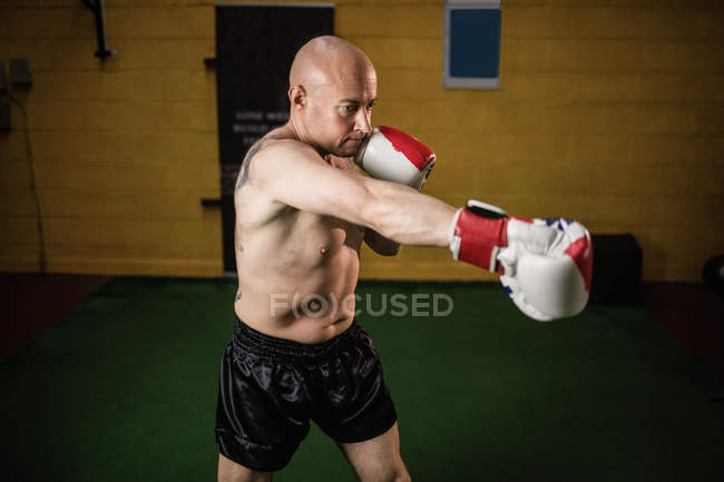 Boxeador tailandés musculoso sin camisa practicando boxeo en el gimnasio - foto de stock