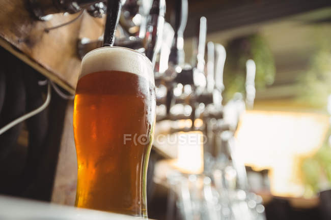 Крупный план бокала пива с пеной в баре — стоковое фото