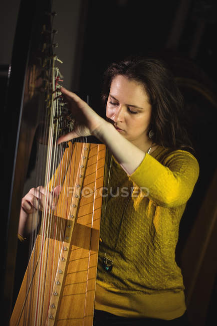 Mujer atenta tocando un arpa en la escuela de música - foto de stock