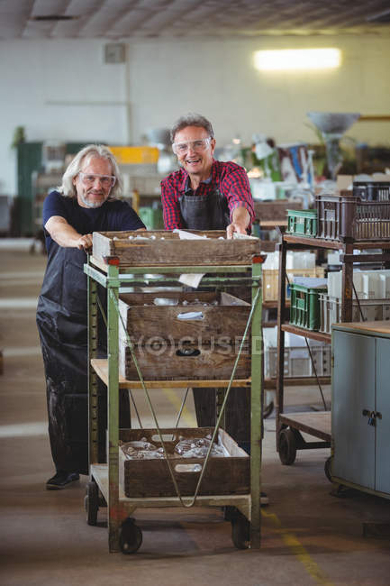 Colegas de soplador de vidrio empujando carro en fábrica de soplado de vidrio - foto de stock