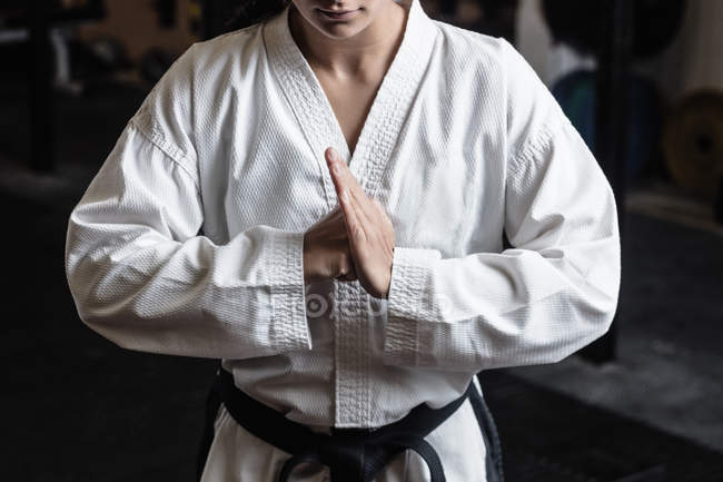 Immagine ritagliata di donna che pratica karate in palestra — Foto stock