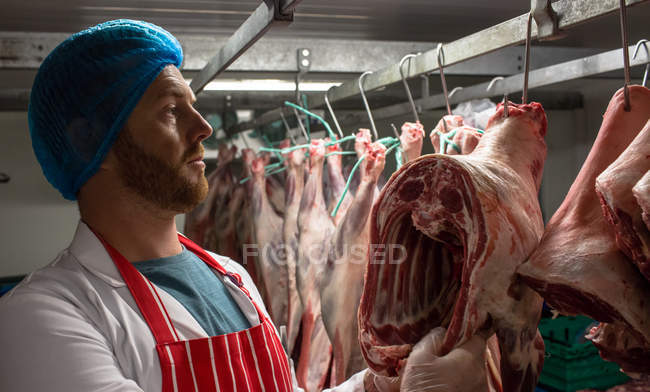 Açougueiro pendurado carcaças de carne vermelha na sala de armazenamento no açougue — Fotografia de Stock