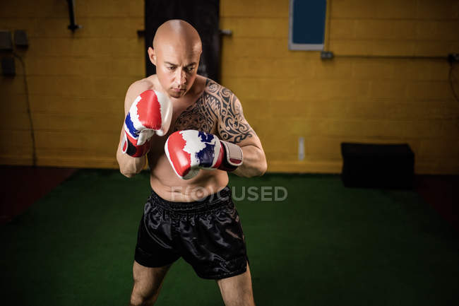 Boxer tailandese muscoloso senza maglietta che pratica la boxe in palestra — Foto stock