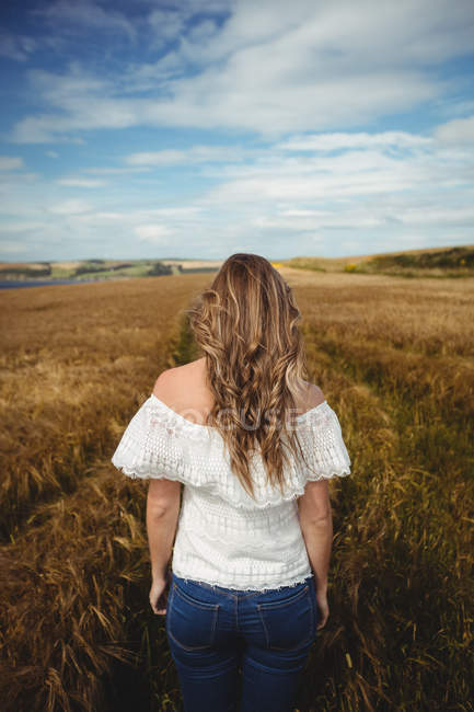 Rückansicht einer Frau, die an einem sonnigen Tag durch ein Weizenfeld geht — Stockfoto
