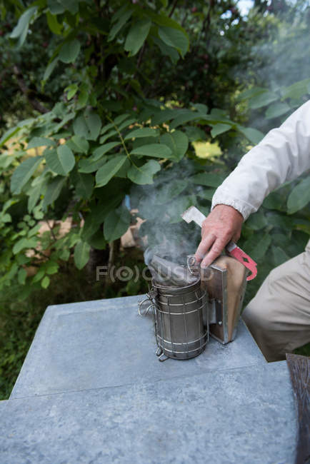 Midsection of beekeeper smoking bees away from hive in apiary garden — Stock Photo