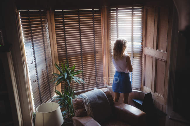 Вид сзади на женщину, смотрящую через окно в гостиной дома — стоковое фото