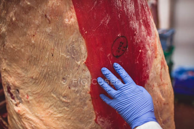 Close-up of butchers hand touching red meat in storage room — Stock Photo