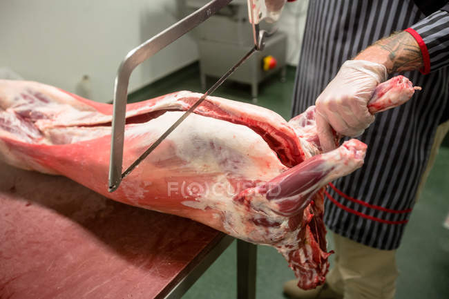 Mid section of butcher cutting pork carcass with a saw in butchers shop — Stock Photo