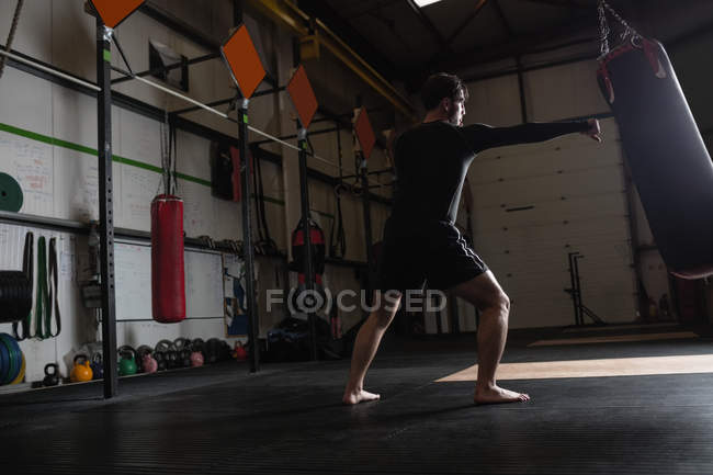 Low angle view of male Boxer practicing boxing with punching bag in fitness studio — Stock Photo