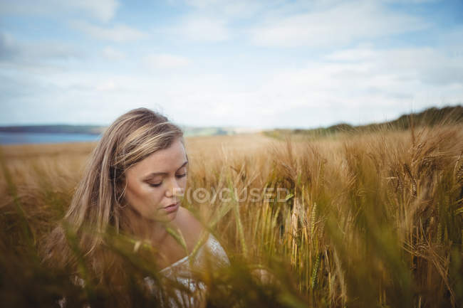 Жінка торкається пшениці в полі в сонячний день — стокове фото
