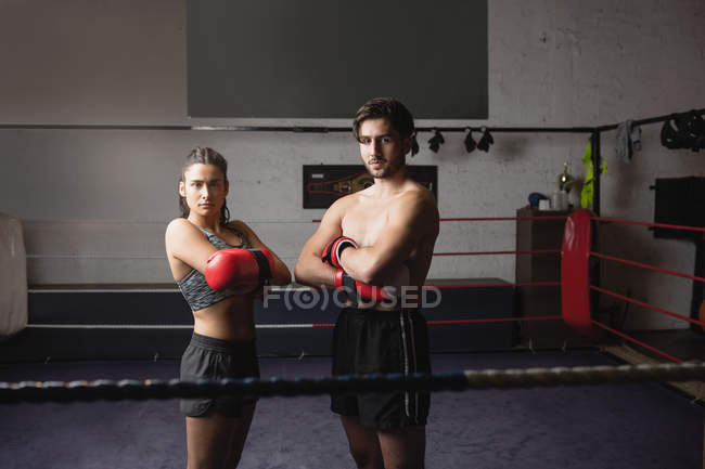 Portrait of male and female boxers standing with crossed arms on boxing ring and looking at camera — Stock Photo