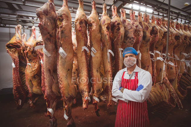 Retrato de açougueiro de pé com os braços cruzados na sala de armazenamento de carne no açougue — Fotografia de Stock