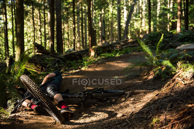 Ciclista masculino lesionándose al caer de la bicicleta de montaña en el parque - foto de stock