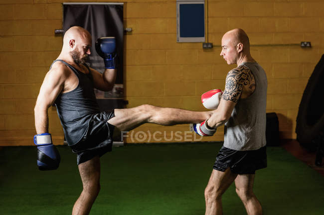 Вид збоку на двох тайських боксерів, які практикують бокс у спортзалі — стокове фото