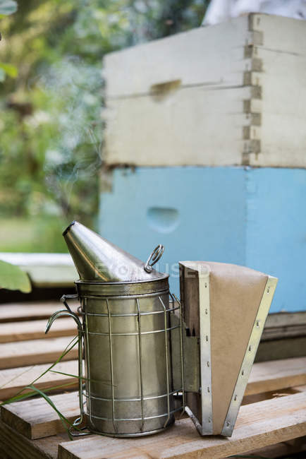 Ahumador de abejas sobre tabla de madera en jardín colmenar - foto de stock