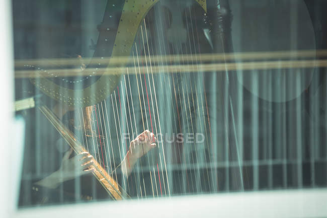 Mulher atenta tocando uma harpa na escola de música — Fotografia de Stock
