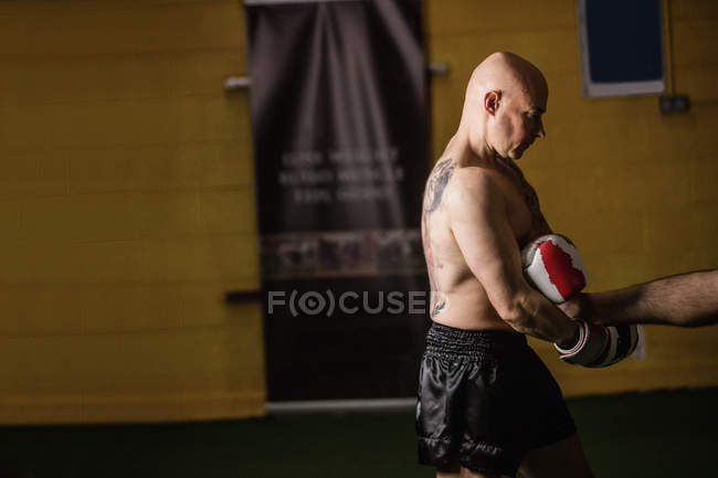 Vista lateral del boxeador tailandés musculoso sin camisa practicando boxeo en el gimnasio - foto de stock