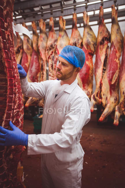 Metzger hängt rotes Fleisch in Abstellraum der Metzgerei — Stockfoto