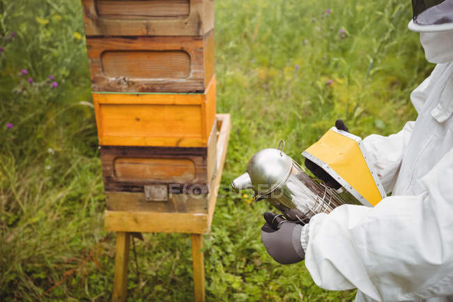 Immagine ritagliata di apicoltore utilizzando ape fumatore in campo — Foto stock