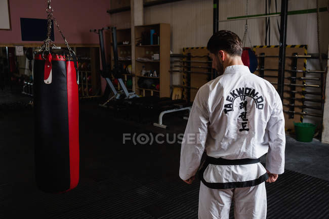 Вид сзади на человека, стоящего рядом с боксерской грушей в фитнес-студии — стоковое фото