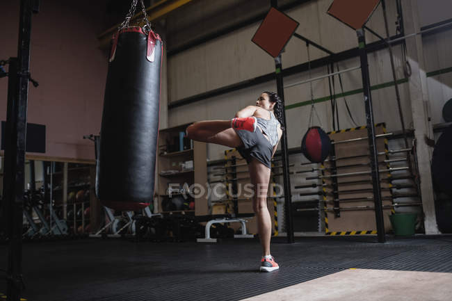 С низким углом обзора женского боксера, пинающего боксерскую грушу в фитнес-студии — стоковое фото