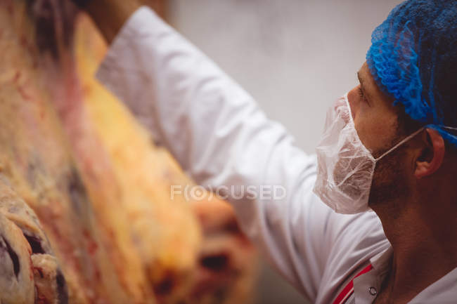 Gros plan du boucher travaillant dans la salle de stockage de viande de la boucherie — Photo de stock