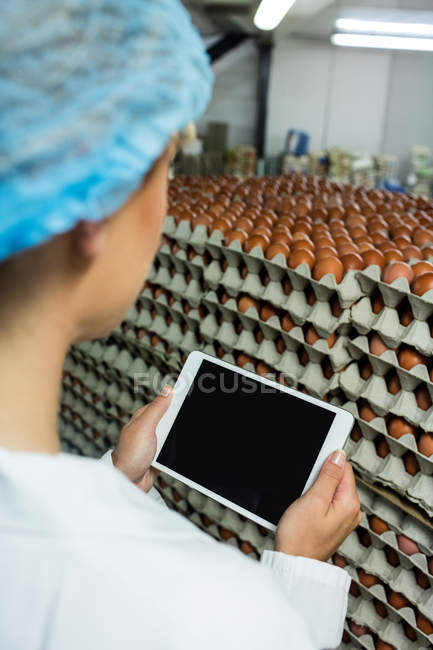 Женщины-сотрудники используют цифровые планшеты на яйцефабрике — стоковое фото