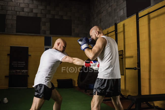 Dos boxeadores tailandeses peleando en gimnasio - foto de stock