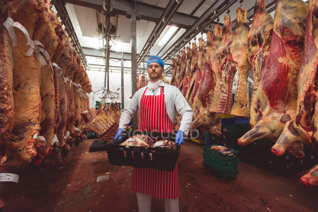 Мясник несет ящик с красным мясом на складе мясной лавки. — стоковое фото