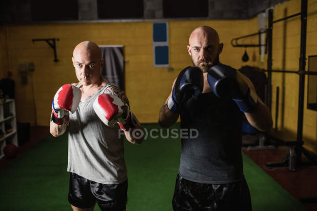Portrait of two boxers standing in fitness studio — Stock Photo