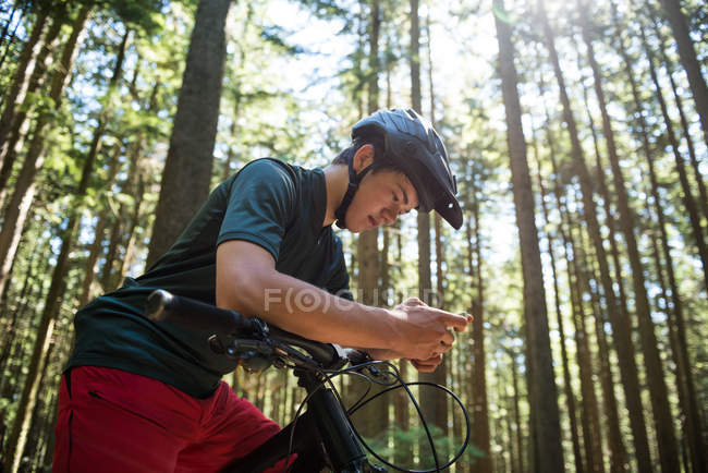 Ciclista masculino usando telefone celular na floresta à luz do sol — Fotografia de Stock