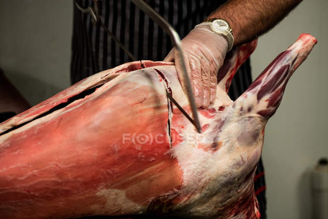 Sección media del carnicero que corta la canal de cerdo con una sierra en la carnicería - foto de stock