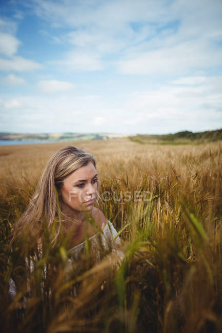 Mujer tocando la cosecha de trigo en el campo en el día soleado - foto de stock