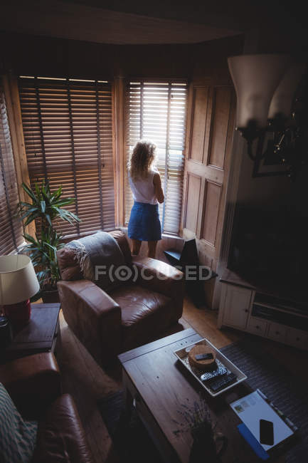 Rückansicht einer Frau, die durch ein Fenster im heimischen Wohnzimmer blickt — Stockfoto