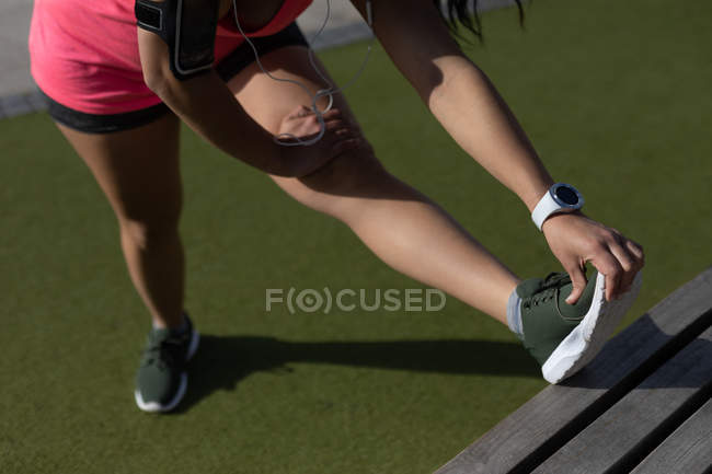 Corredor feminino se exercitando no parque em um dia ensolarado — Fotografia de Stock