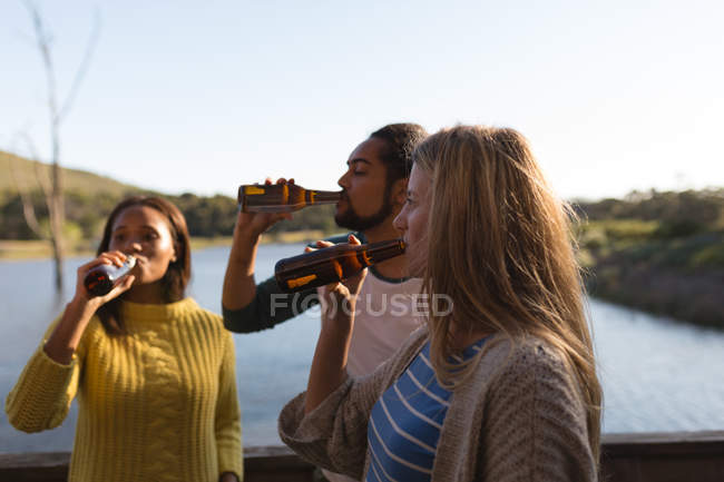 Amigos bebiendo cerveza en la cabaña cerca del lago en un día soleado - foto de stock
