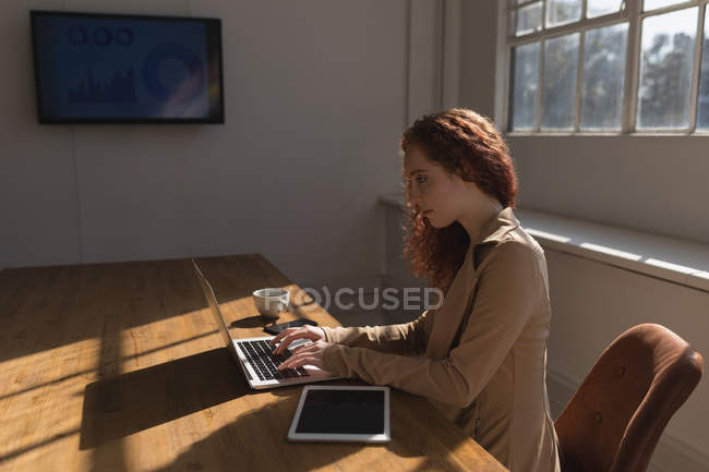 Жіночий керівник використовує ноутбук в конференц-залі в офісі — стокове фото