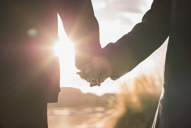 Крупный план пожилой пары, держащейся за руки в солнечный день — стоковое фото
