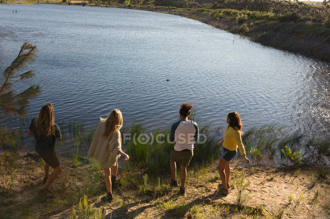 Vista trasera del grupo de amigos divirtiéndose cerca del lago - foto de stock