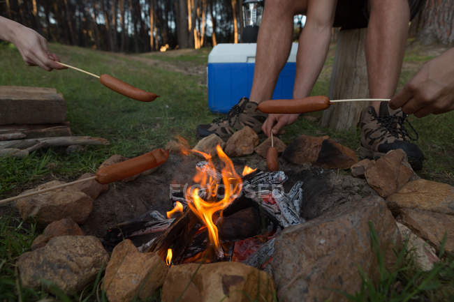 Primer plano del grupo de amigos asando salchichas en fogata en el camping - foto de stock