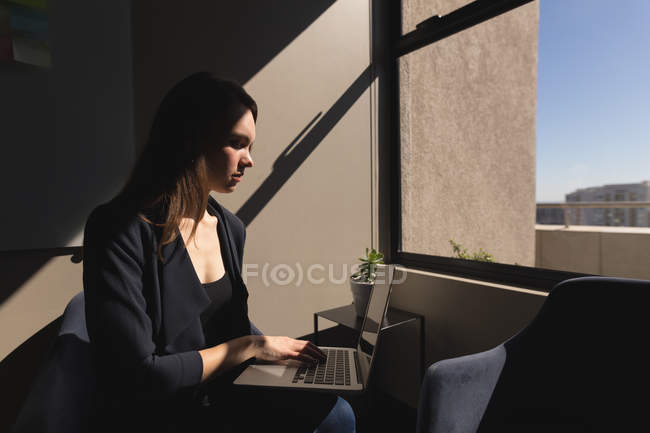 Belle femme d'affaires en utilisant un ordinateur portable au bureau — Photo de stock