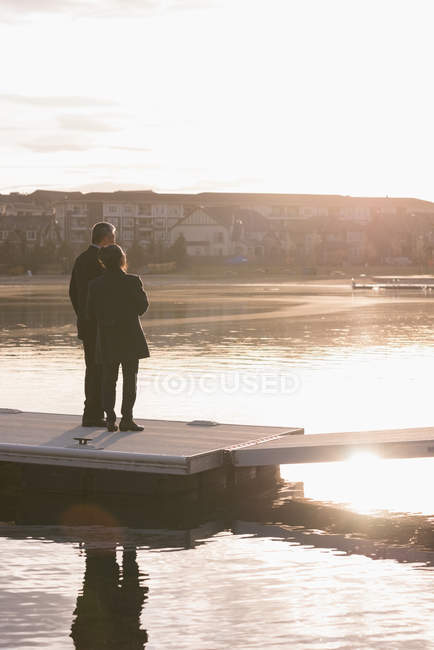Vista posteriore della coppia anziana in piedi sul molo vicino al lago — Foto stock