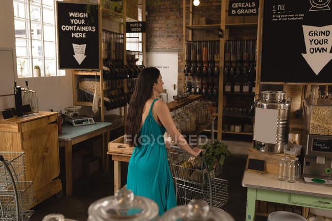 Rear view of woman shopping in supermarket — Stock Photo