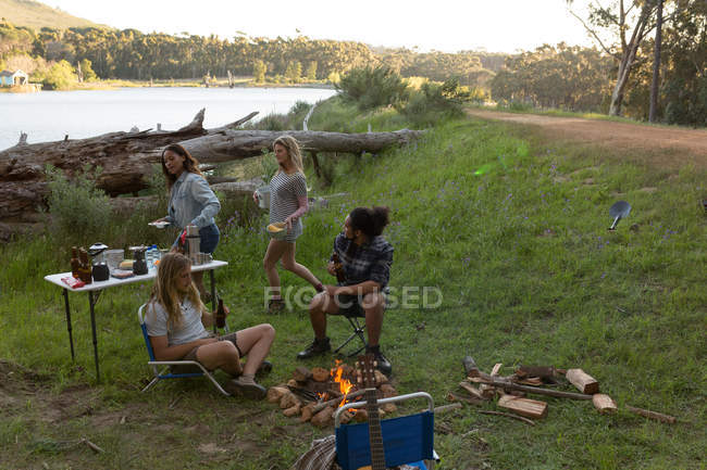 Gruppo di amici che si divertono vicino al falò al campeggio — Foto stock