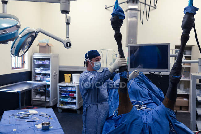 Chirurgien masculin examinant un cheval en salle d'opération à l'hôpital — Photo de stock