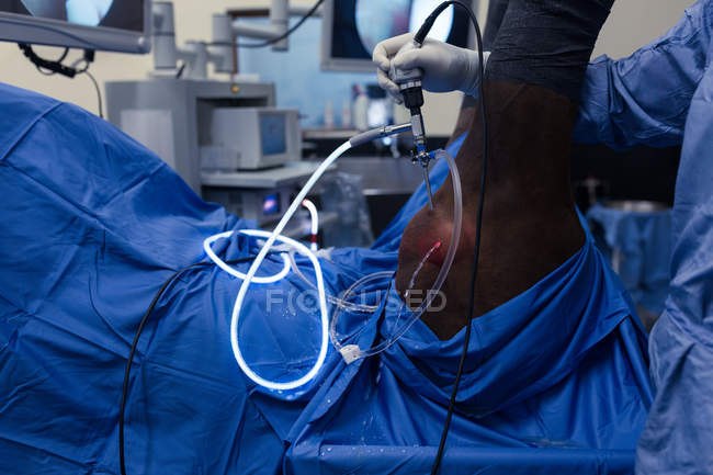 Средняя часть женщины-хирурга осматривает лошадь в операционной — стоковое фото