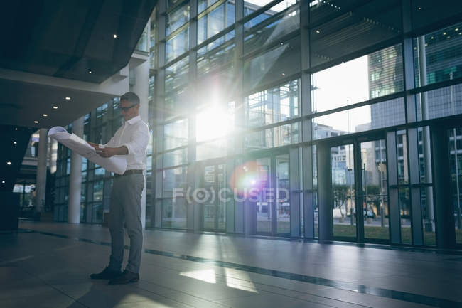 Seitenansicht eines konzentrierten Geschäftsmannes, der im Büro vor hellem Sonnenlicht einen Bauplan liest, neben großen Fenstern, die die Stadt im Hintergrund zeigen — Stockfoto