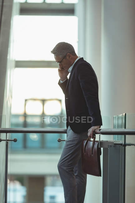Vista lateral del hombre de negocios con maletín hablando por teléfono y apoyándose en las barandillas - foto de stock