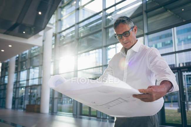 Vista frontal de um empresário concentrado lendo um plano no escritório ao lado de grandes janelas mostrando a cidade em segundo plano — Fotografia de Stock